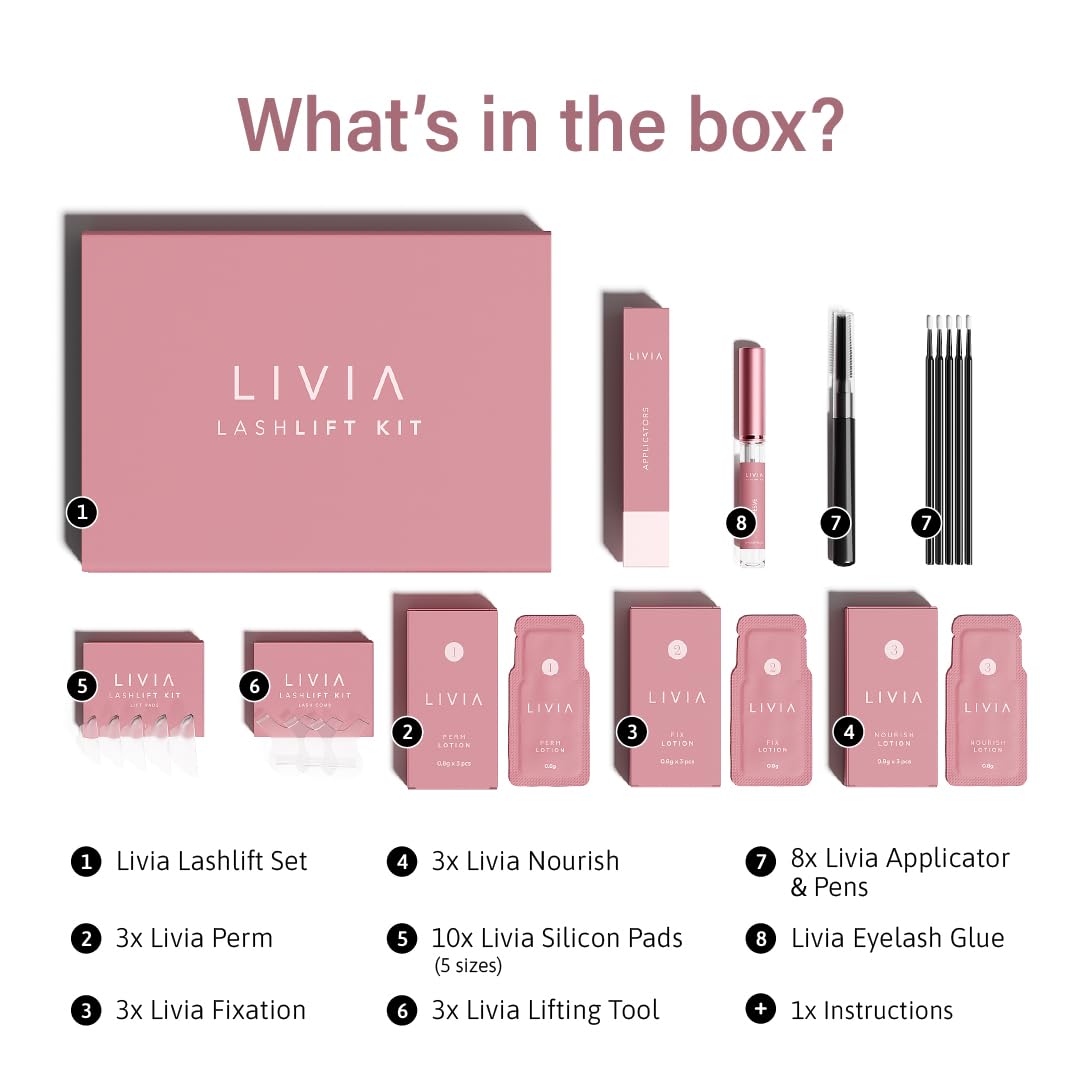 Korean Lash Lift Kit – Instant, Salon-Quality Curls with Nourishing Ingredients – Easy DIY Kit – 8 Weeks Long-Lasting Lift- Improves Lash Growth- LIVIA