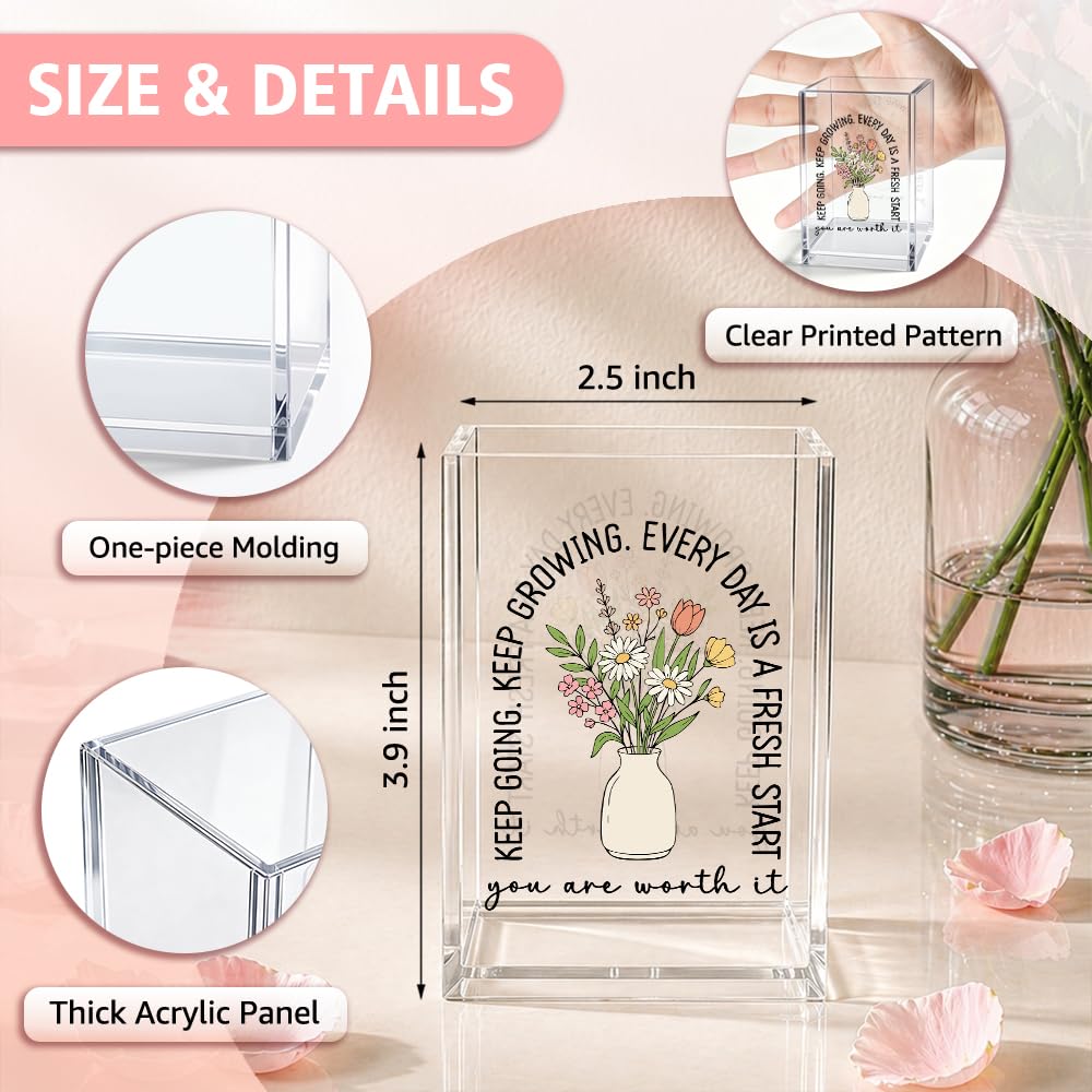 Xiahde Keep Going Keep Growing Acrylic Pencil Holder Cup, Floral Motivational Pen Holder, Inspirational Gifts for Women Girls, Positive Encouragement Gifts for Friends Coworkers Her