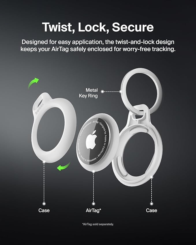 Belkin AirTag Secure Holder Case - Durable Scratch Resistant with Key Ring - Protective AirTag Accessory For Keys, Pets, Luggage - 2-Pack Black & White