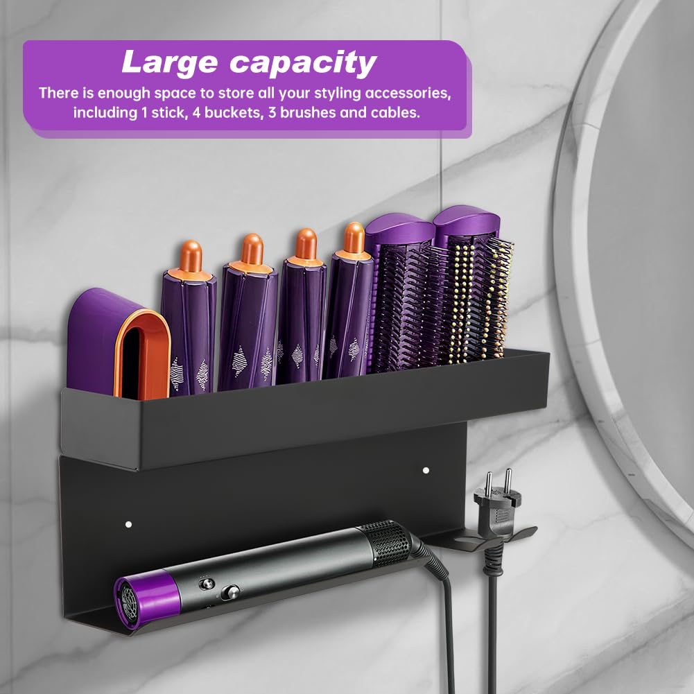 Hair Dryer Holder Wall Mount, Adhesive Curling Iron Holder Organizer, Bathroom Hair Straightener Stand for Curling Iron Accessories Styler Attachments Organizer, Black