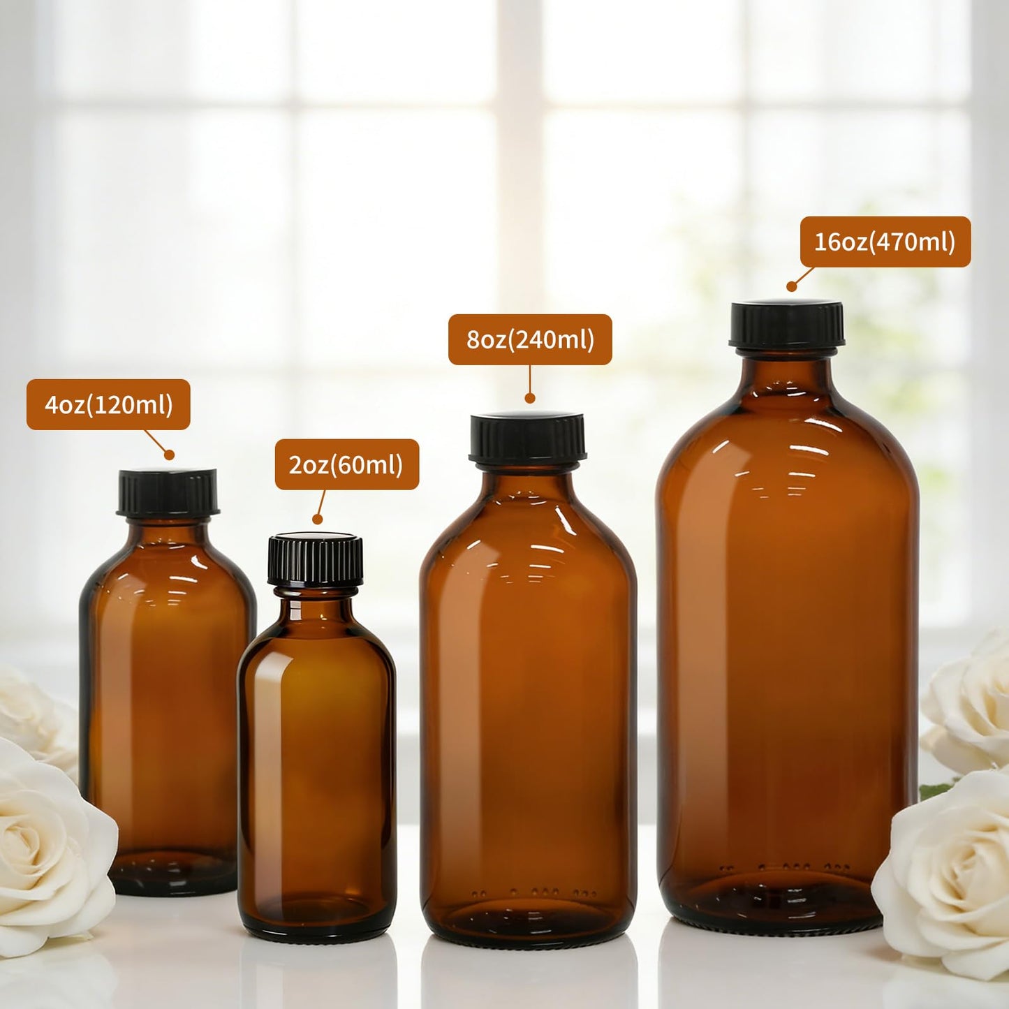 40 Pack 2oz Amber Glass Boston Round Bottles with Polycone Leak-Proof Phenolic Caps – Brown Airtight Refillable Containers for Homemade Vanilla Extract, Essential Oils, Herbal Medicine, and Syrups