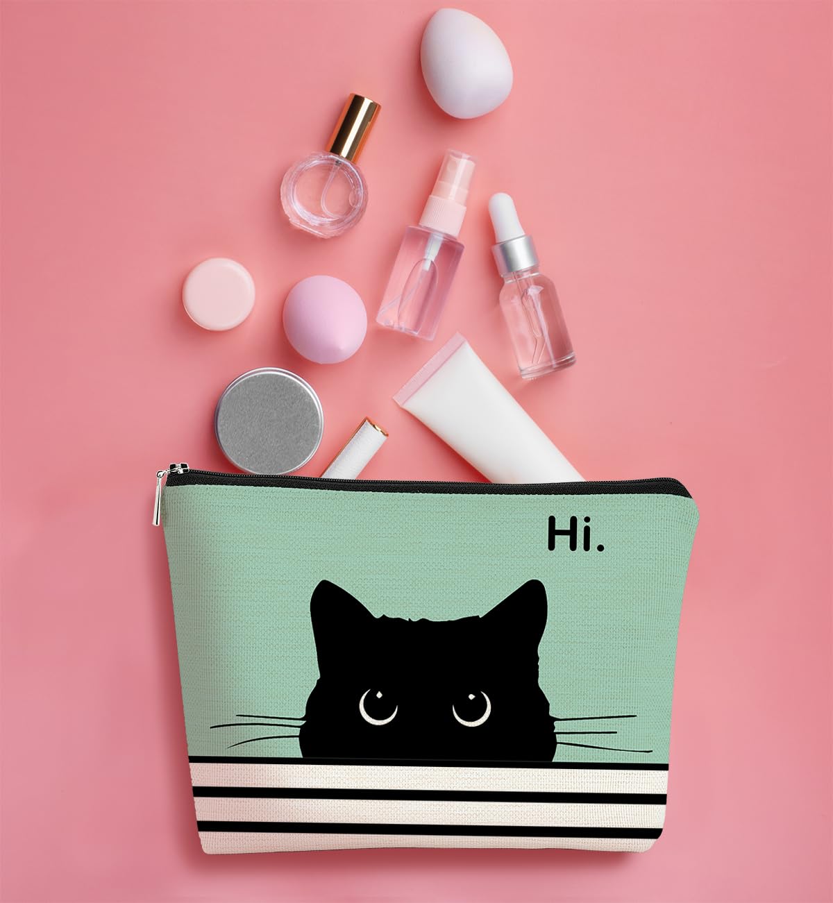 BARPERY Cute Makeup Bag - Cat Gifts for Lovers, Black Kitty Cosmetic Bag, Makeup Pouch (Teal)