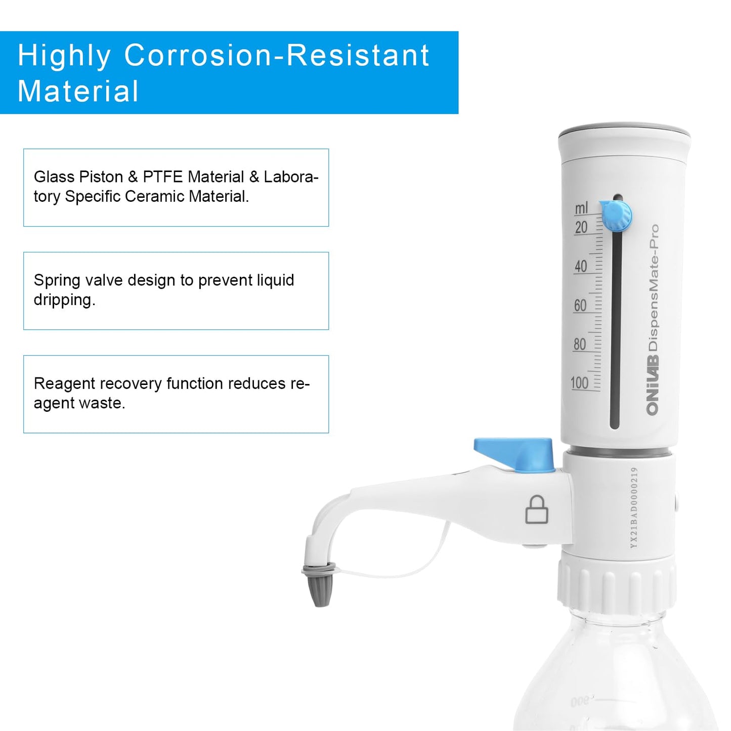 ONiLAB Bottle Top Dispenser with 1L Round Media Storage Bottle(2.5-25ml)