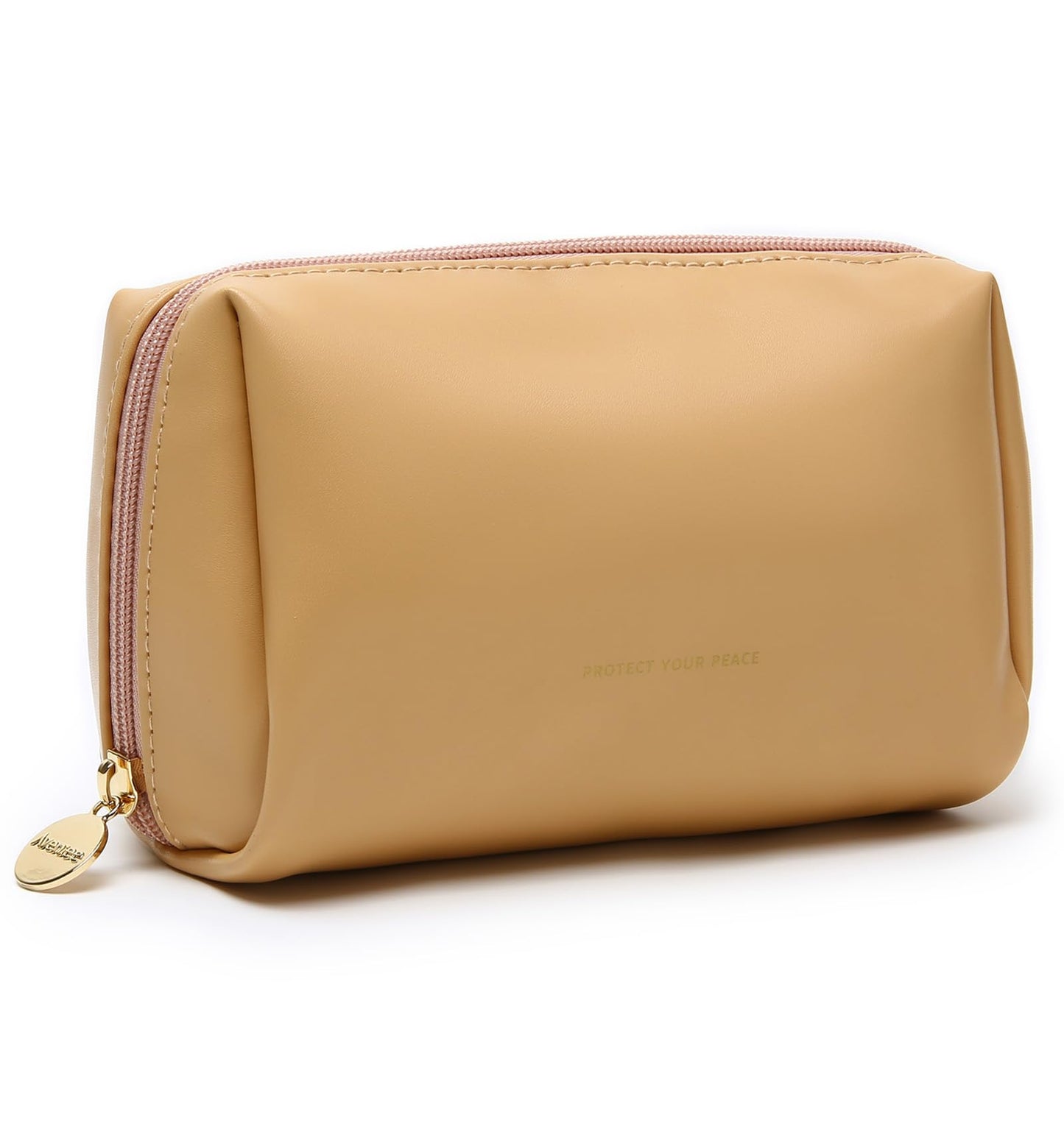 Aveniee Small Travel Makeup Bag, Vegan Leather Pouches for Purse, Cosmetic Case for Women, Toiletry Organizer for Travel Car Accessories with Divider & Zippers - Camel