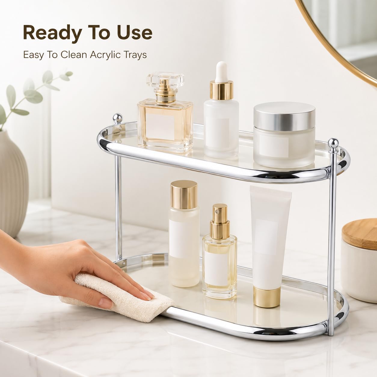 2 Tier Perfume Organizer, Stainless Steel Frame with Clear Acrylic Trays, Vanity Countertop Storage Shelf for Makeup, Skincare, Fragrance Bottles, Bathroom Dresser Display Rack, 12.6 x 5.3 x 6.7 in