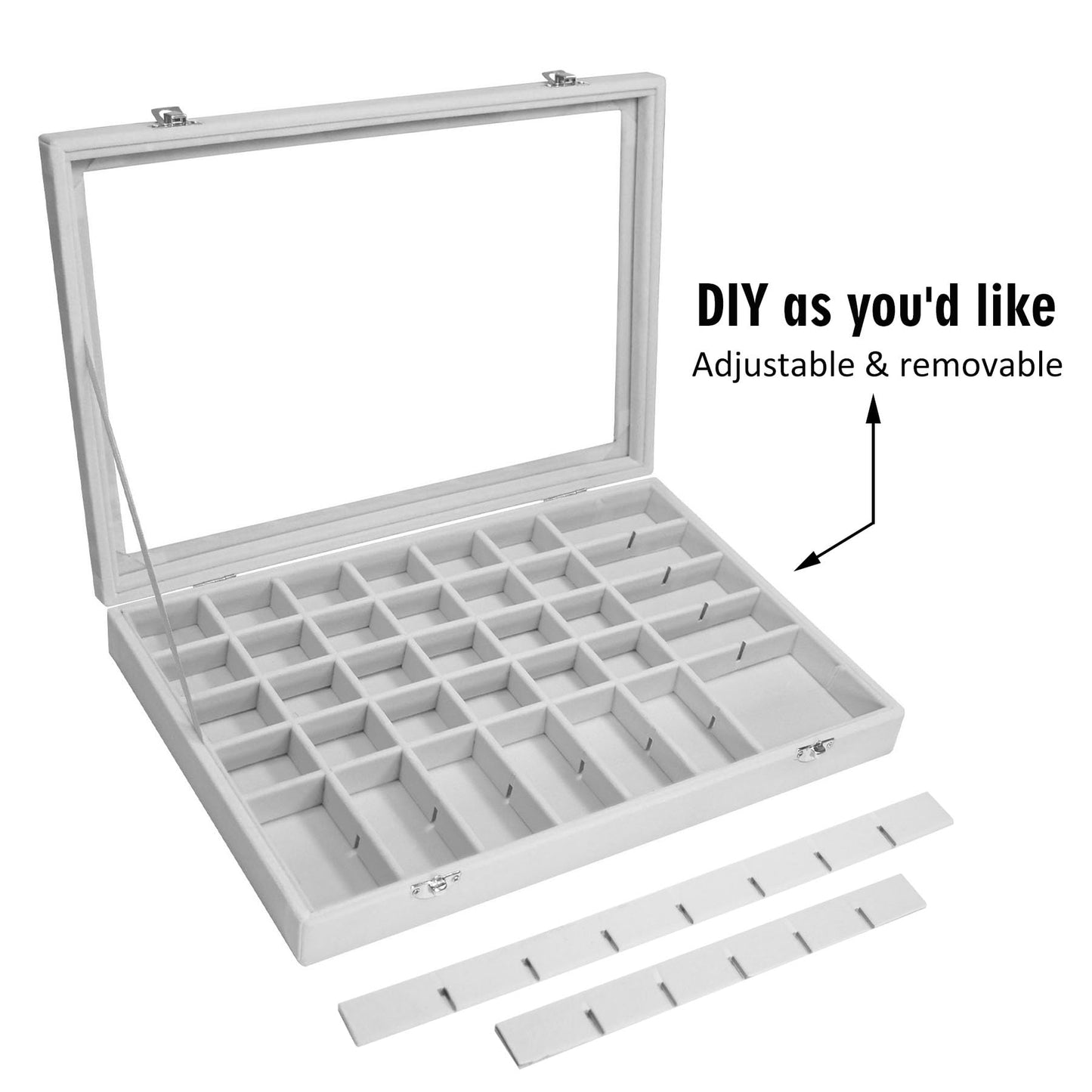 Siveit Velvet Jewelry Tray 48 Grid Jewelry Display Tray Organizer Box with Transparent Lid Rings Earrings Necklaces Pendants Display Box Suitable for Women and Girls (Grey)