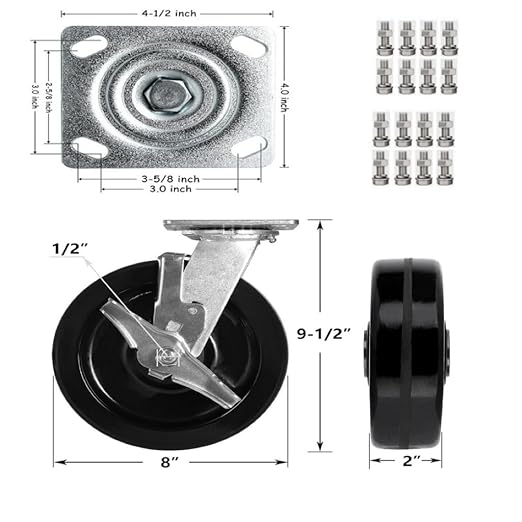 Heavy Duty Casters - Industrial Casters Phenolic Caster with Strong Load-Bearing Capacity 3000-6000 LB,Used in Furniture,WorkBrench,Tool Box, Equipment (8" Rigid+Brake, pcs, 4)