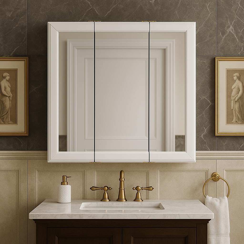 Design House Wyndham Bathroom Medicine Cabinet with Mirror, 30 Inch Wall Mount Medicine Cabinet, 3 Mirrored Doors, Bathroom Wall Cabinet with Storage, White, 30" W x 4.5" D x 24" H, 535864-WHT