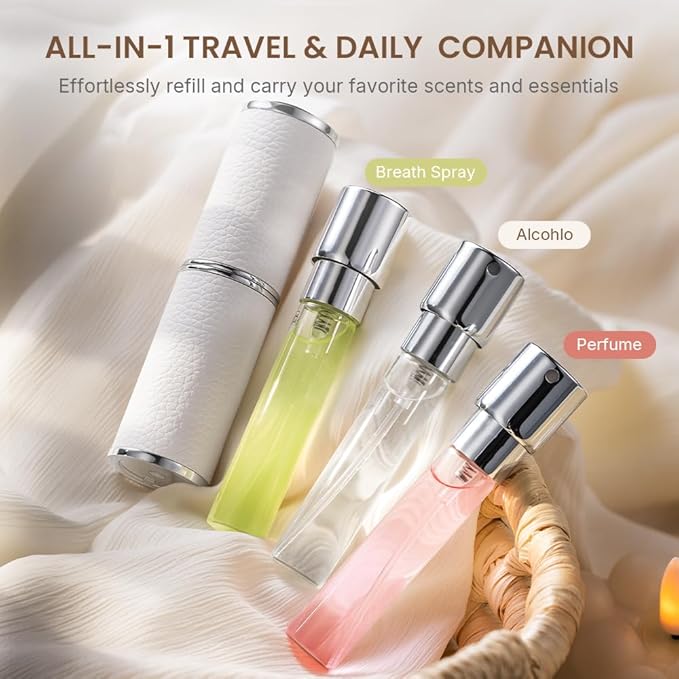 Perfume Atomizer, Rotary-Lift Nozzle, Cap-Free, Leather Refillable Spray Bottle, High-end Portable Dispenser, Travel Size TSA Approved 0.27oz/8 ml (White Black)