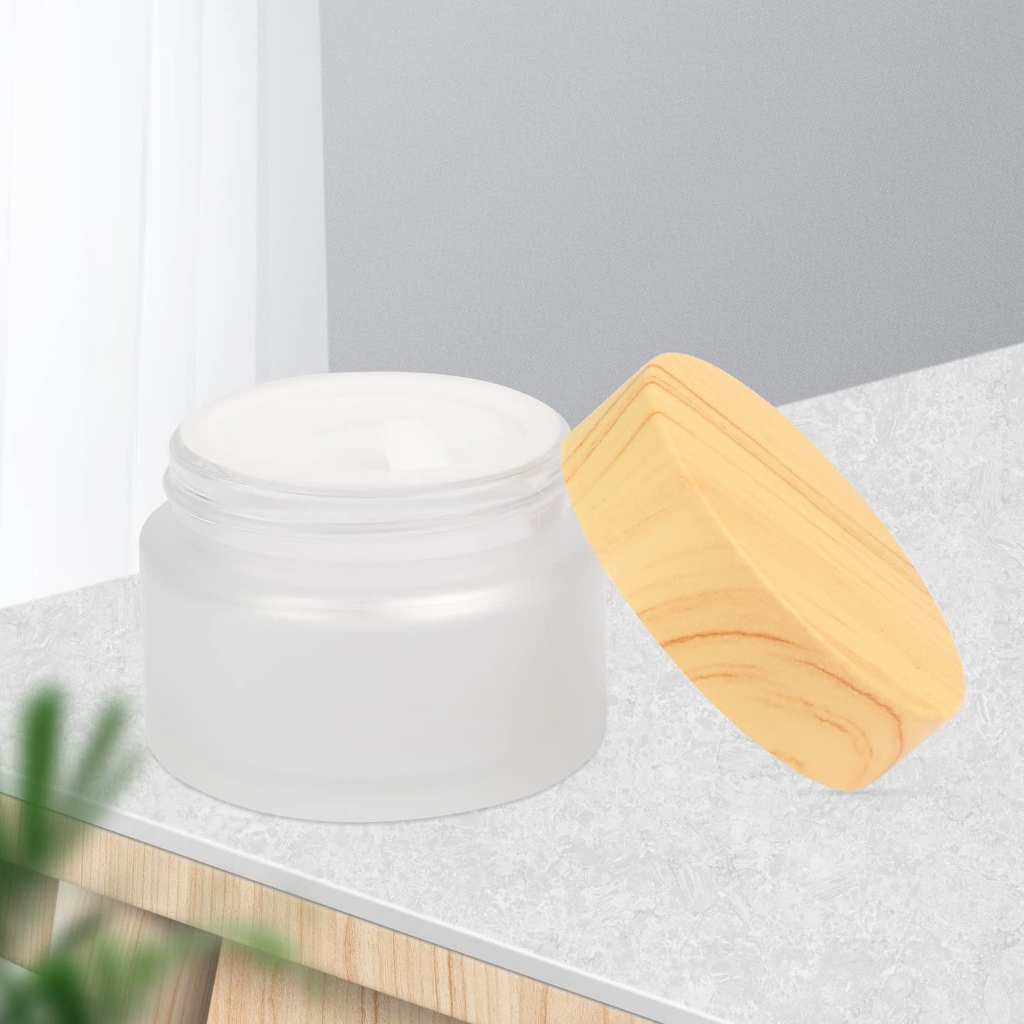 DMuuuDM 1 Oz 10 Pack Frosted Glass Face Cream Jars,Empty Cream Jars Holder Case with Wood Grain Lid&Inner liner,Sample Cosmetic Container Vials Pot for Eyeshadow,Lotion,Foundation,Lip Balm