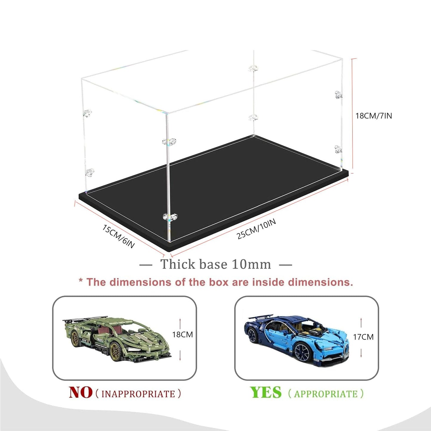 3MM Thick Clear Acrylic Display Case-Assemble Countertop Box, Thicken Base, DustProof, for Collectibles, Lego 40554 60181 75571(Black, 25x15x18cm/10x6x7in)