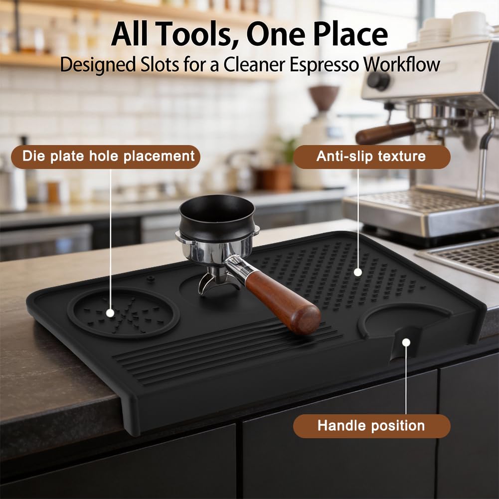 Espresso Tamping Mat and Coffee Brush Set, Non-Slip Silicone Coffee Tamper Mat Tamping Station for Home Kitchen Coffee' Bar, Barista Espresso Machine Acceessories(COLOR:Black)