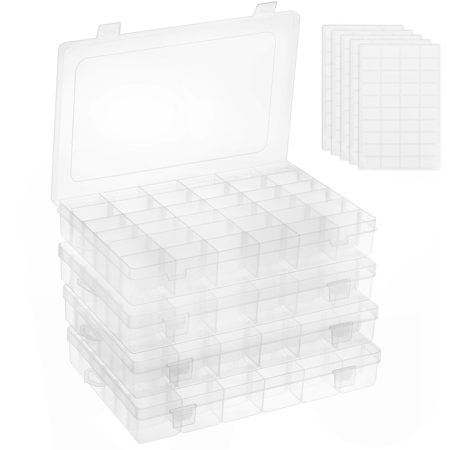 OUTUXED 4 Pack 36 Grids Plastic Bead Organizer Box with Dividers, Clear Craft Tackle Box Parts Storage Containers with Compartments for Jewelry Fishing Tackle Art DIY with 5 Sheets Label Stickers