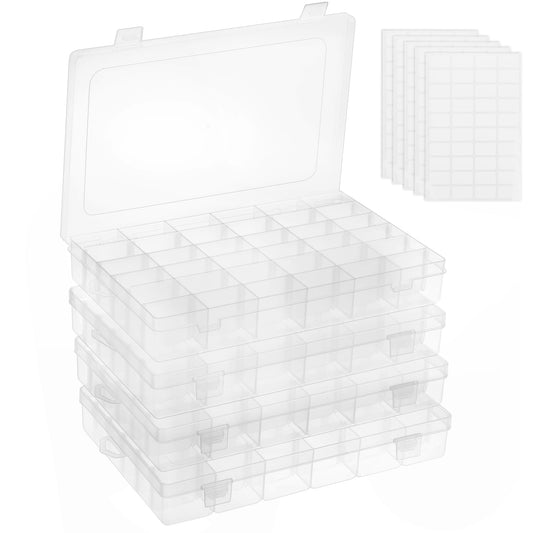 OUTUXED 4 Pack 36 Grids Plastic Bead Organizer Box with Dividers, Clear Craft Tackle Box Parts Storage Containers with Compartments for Jewelry Fishing Tackle Art DIY with 5 Sheets Label Stickers