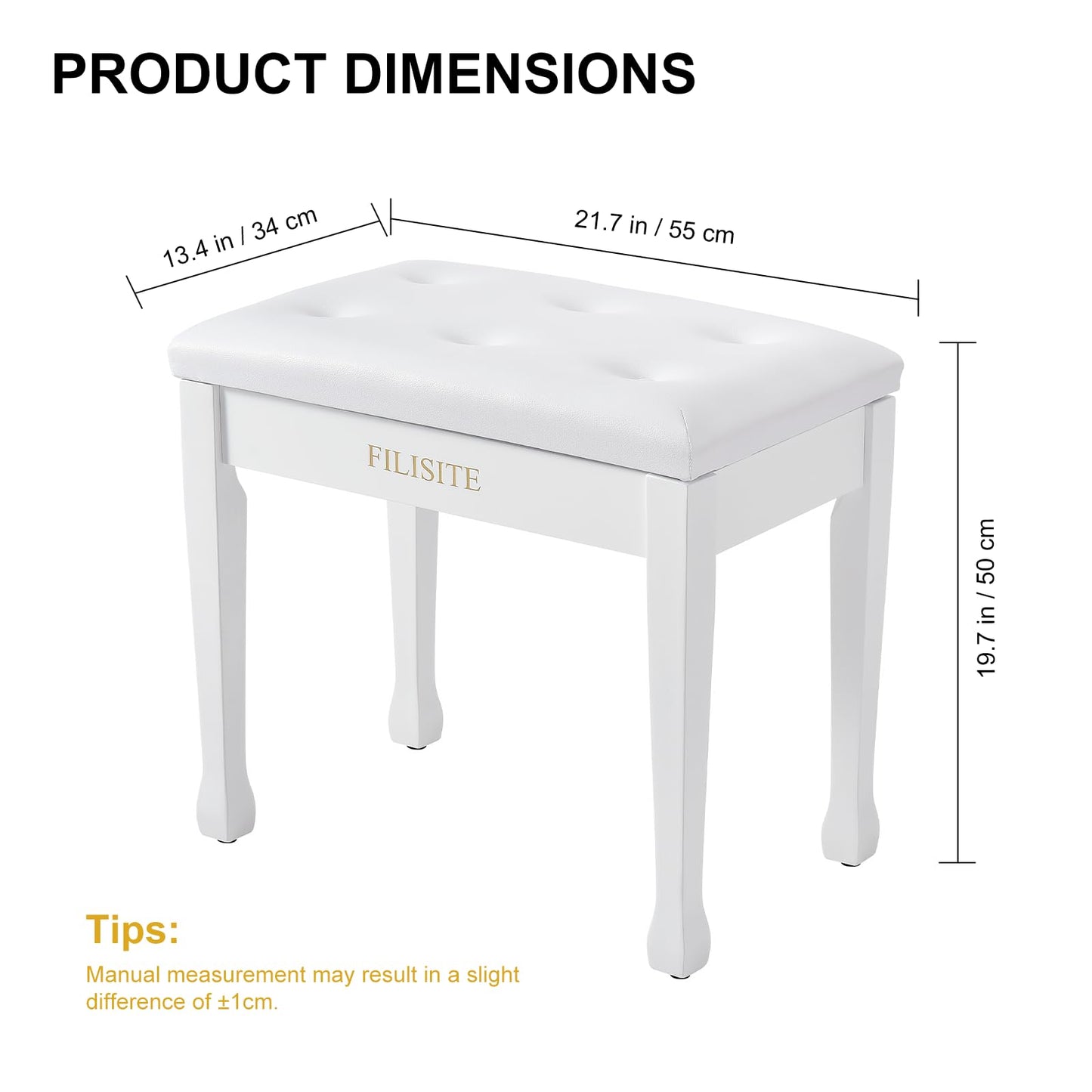 FILISITE Wooden Piano Bench with Storage, Piano Stool with Waterproof Padded Cushion, Bench Seat for Vanity, Living Room, Bedroom (White)
