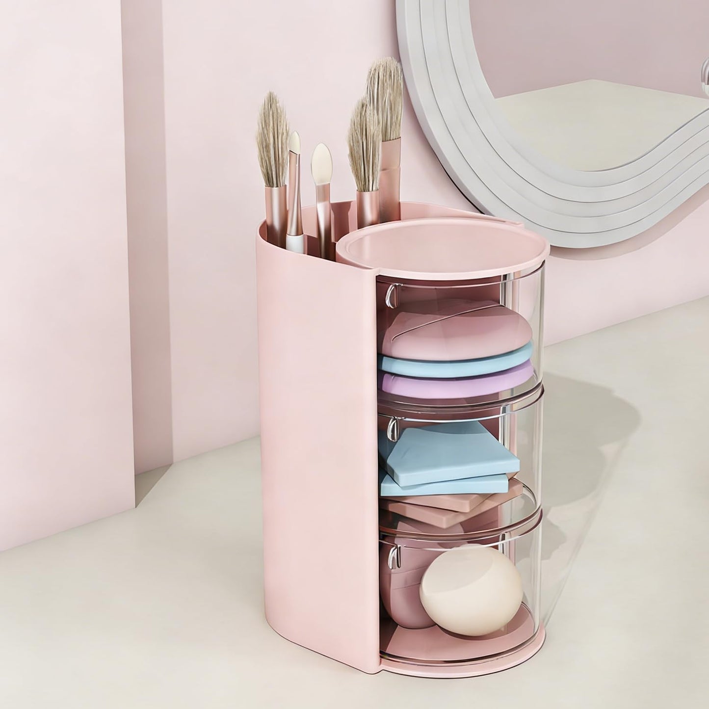 Goujfol Hair Accessories Organizer, 3 Layer Hair Tool Organizer with Brush Holder, Rotatable Makeup Storage Organizers for Girls, Storage Box for Clip, Rings (Pink)
