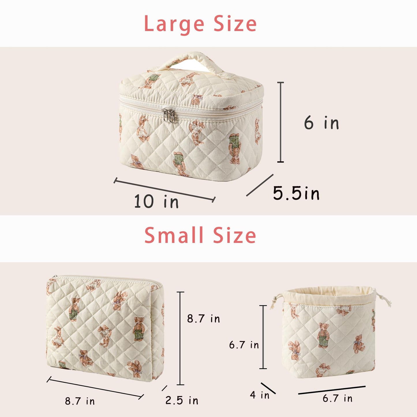 3pcs Large Cotton Quilted Makeup Bag Set,Coquette Aesthetic Cute Travel Toiletry Bag,Drawstring Gift Bag for Women and Girls(3Pcs White Bear)
