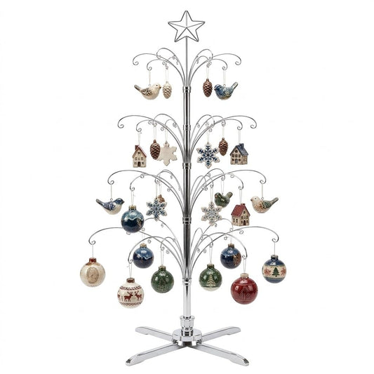HOHIYA 74” Rotating Ornament Display Tree with 90 Hooks Heavy Duty Metal Christmas Ornament Stand Chrome Silver Holiday Display Rack Christmas Tree Alternative