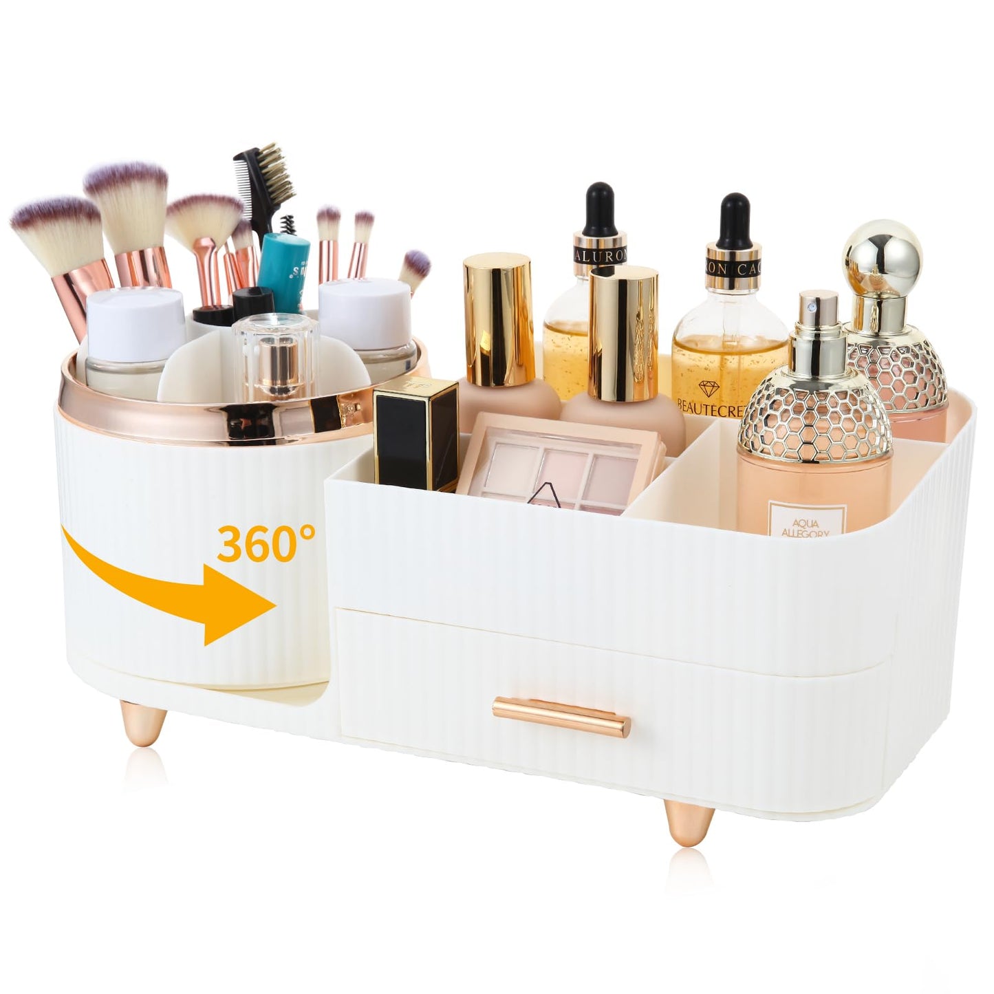 Zufudo Makeup Organizer Countertop with Drawer 360 Rotating Brush Holder Storage Large Capacity Skincare Cosmetic Display Cases for Vanity Bathroom Desktop, Model 3016 White