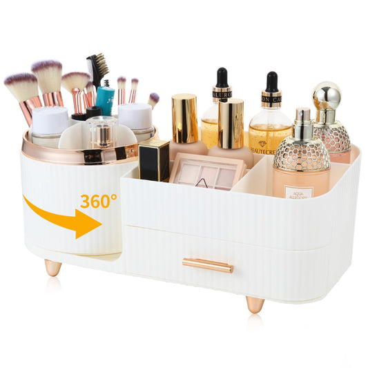 Zufudo Makeup Organizer Countertop with Drawer 360 Rotating Brush Holder Storage Large Capacity Skincare Cosmetic Display Cases for Vanity Bathroom Desktop, Model 3016 White