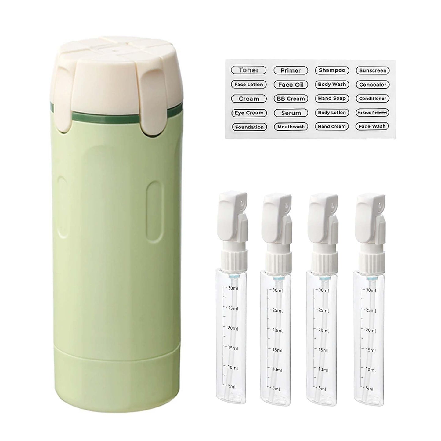 KreqiuCre 4 in 1 Travel Dispenser Bottle for Toiletries, Portable 30ML 4 Pack Leak-Proof Pump Containers, with Scale and Label,for Shampoo, Shower & Travel Use