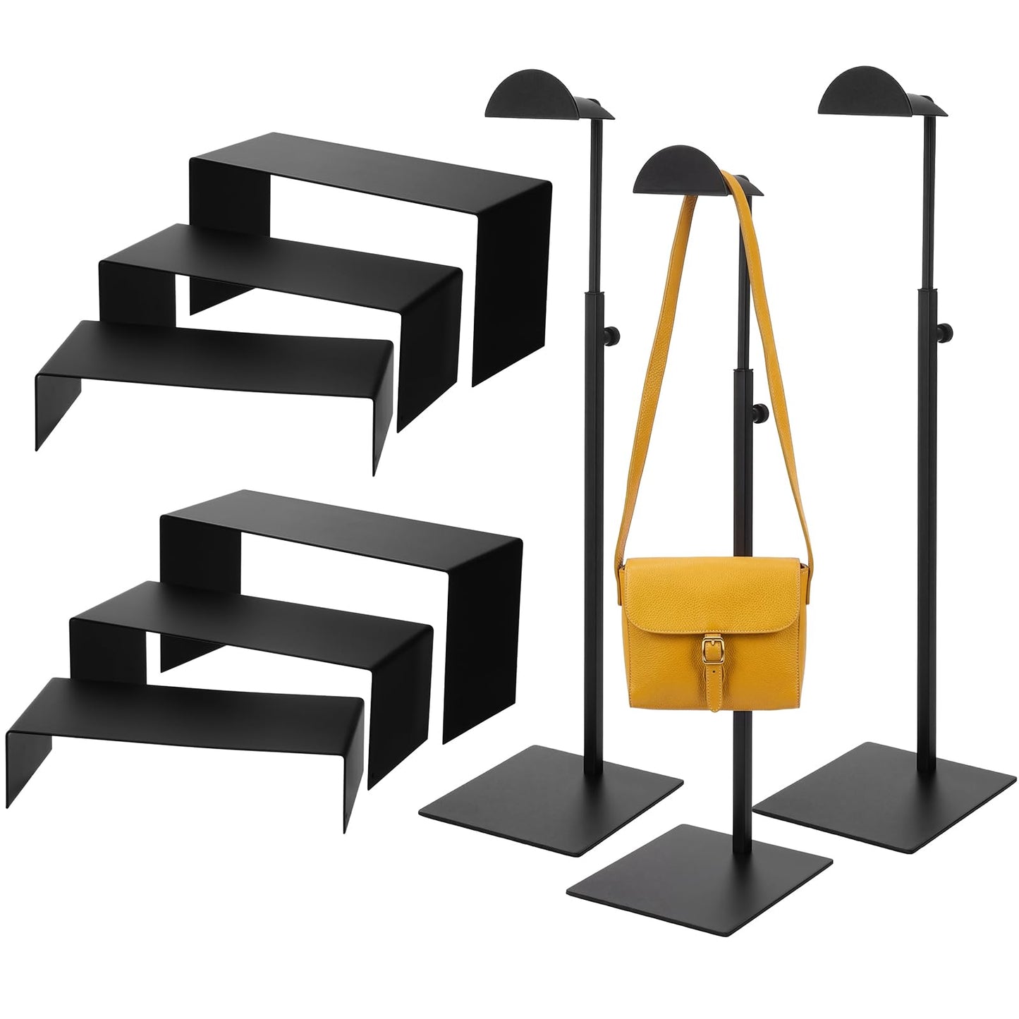 Bucherry 3 Pcs Purse Holder Stand and 2 Set Stainless Steel Display Riser Metal Handbag Rack with Adjustable Height Riser Wreath Display Stand for Home Boutique Shopping Center Retail Outlet (Black)