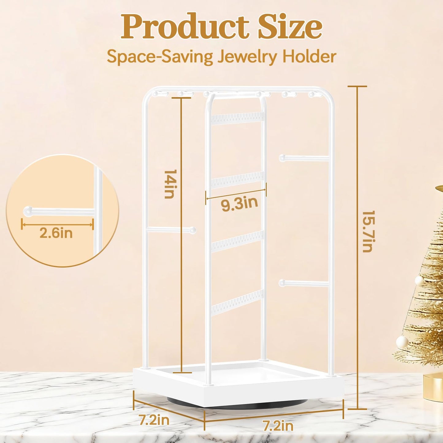 MODOWEY Earring Necklace Holder Organizer Jewelry Stand, Wood Rotating Display Tree for Vendor Selling, Tiered Tower Rack for Pierced Stud Bracelet 90+ Pieces Storage, Easy Access for Women, White