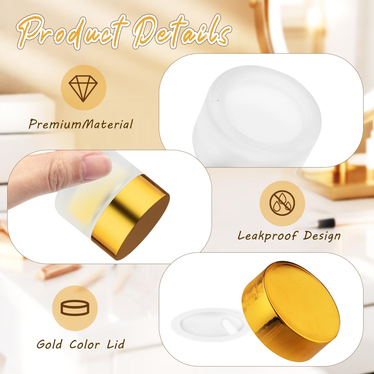 24 Pcs Frosted Glass Jars Refillable Cosmetic Containers Empty Round Storage with Gold Color Lids for Eye Cream Lotion Spice Powder Liquid Sample Make Up - 10g/0.34oz