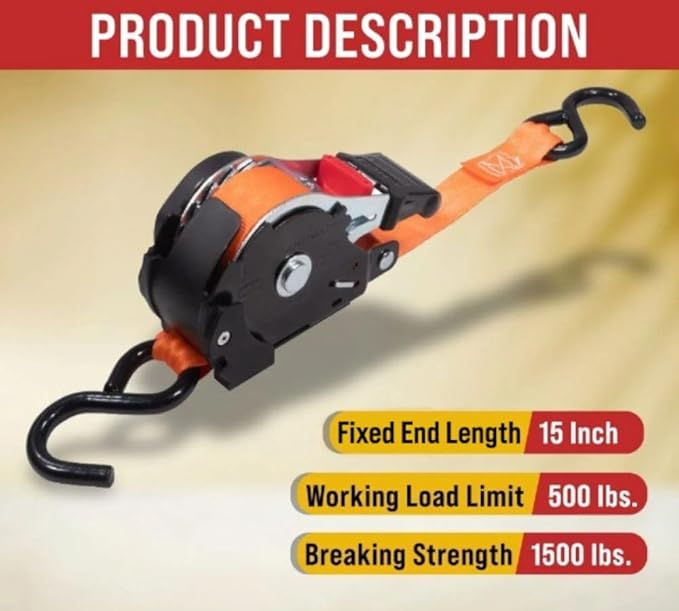 8 Pack Orange Auto Retract NO-RATCHETING Ratchet Straps | 1" x 12' Retractable Ratchet Straps with Zinc Coated S Hook Tiedowns for Motorcycles, ATVs, Bikes, Trailer Tie-Down