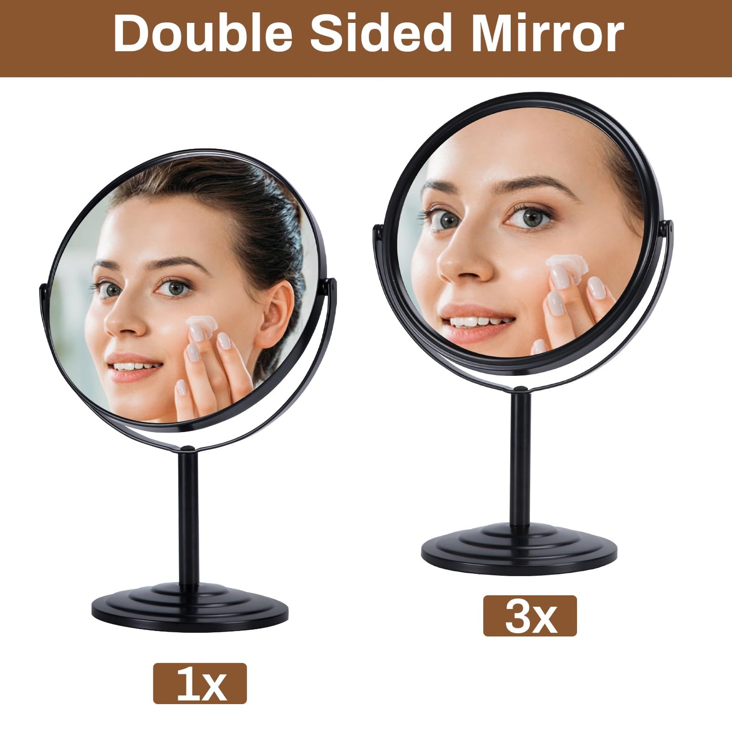 Wtrgas 1X 3X Magnifying Makeup Mirror Vanity Mirror for Tabletop Desk, Black Standing Bathroom Cosmetic Mirror, Portable Double Sided Magnification Mirror