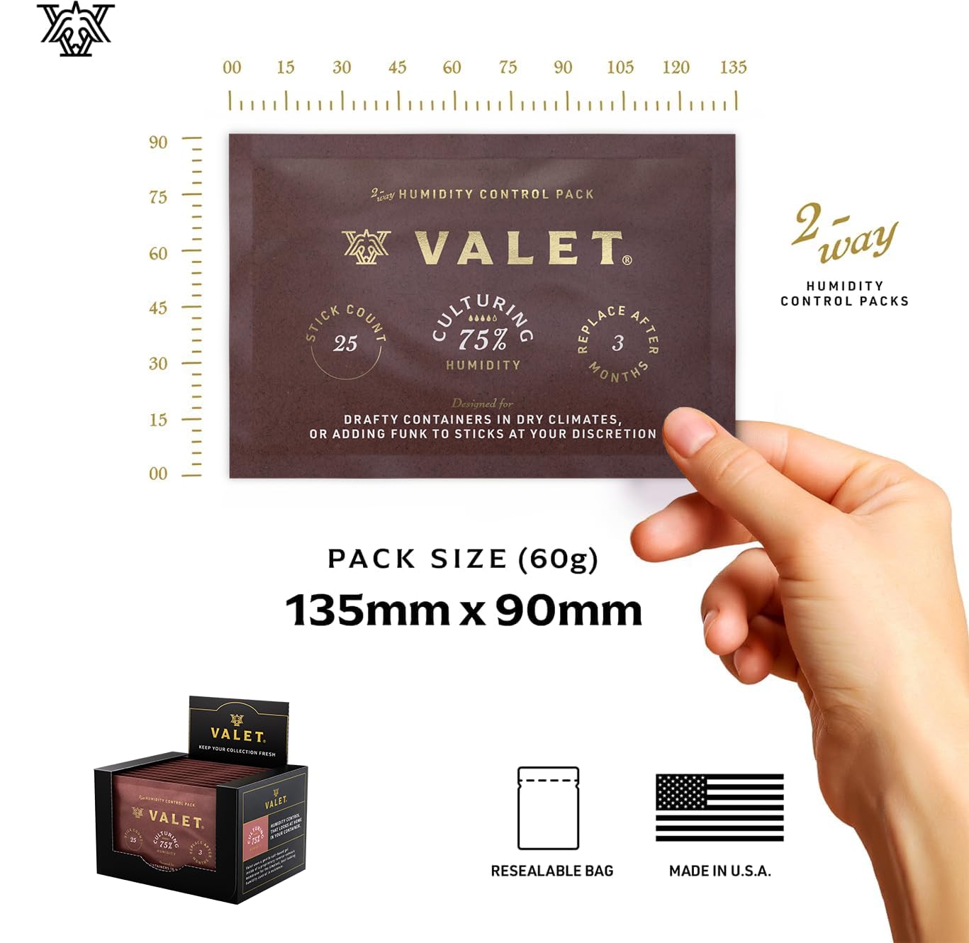 Valet 75% Two-Way Humidity Packs 12-Pack (60g), Bulk Two-Way Humidity Control Packs for Moisture Restoration & Leaky Wood Storage, Made in USA