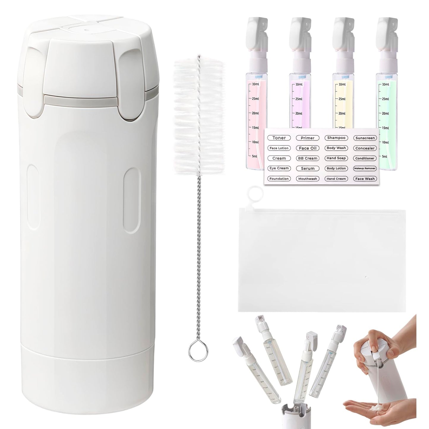 4 in 1 Travel Dispenser, 4 Pack 30ML Leak Proof Travel Size Bottles with Stickers, Brush & Storage Bag, Refillable TSA Approved Travel Toiletry Container Set for Shampoo, Lotion, Conditioner (White)
