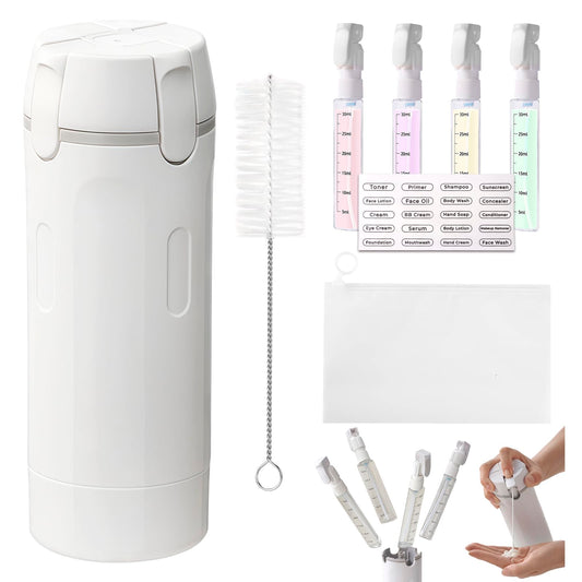 4 in 1 Travel Dispenser, 4 Pack 30ML Leak Proof Travel Size Bottles with Stickers, Brush & Storage Bag, Refillable TSA Approved Travel Toiletry Container Set for Shampoo, Lotion, Conditioner (White)