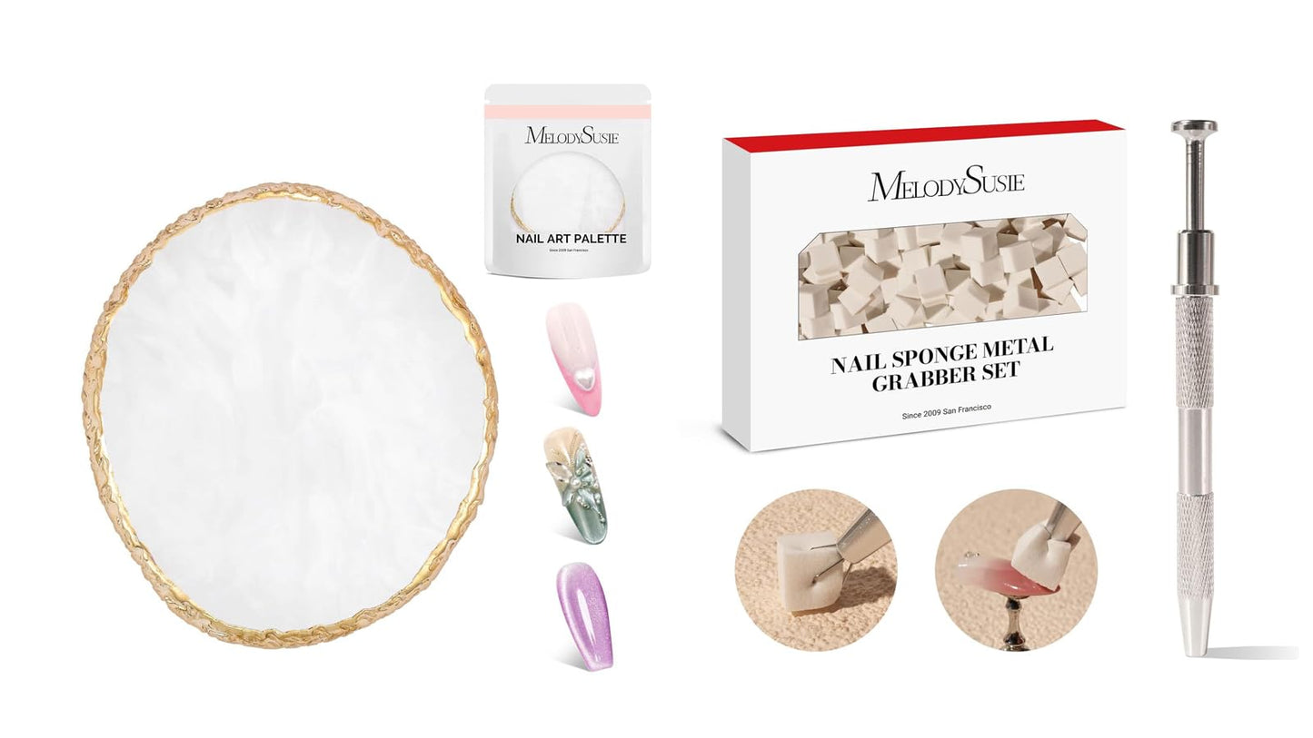 MelodySusie 1PC Round Shape Resin Nail Art Palette and 100Pcs Soft Nail Sponges for Ombre