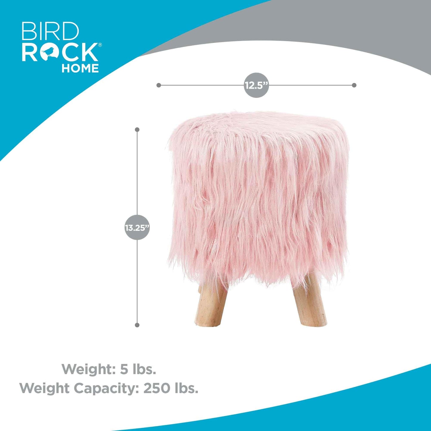 BIRDROCK HOME Faux Fur Foot Stool Ottoman – Upholstered Vanity Chair w/Natural Wood Legs - Soft Compact Padded Seat for Makeup Room, Living Room, Bedroom – Decorative Accent Furniture – Pink