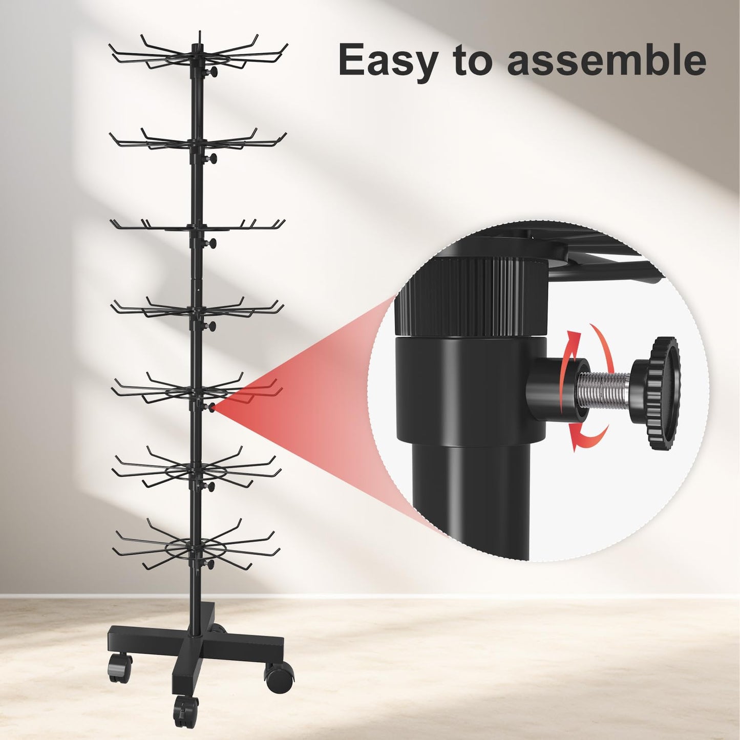Cakokow Retail Rotating Display Stand 7 Tier, Display Rack with Hooks for Store Display Movable Shop, Display Spinner Stand for Snacks Jewelry Keyring Hats Socks Toys