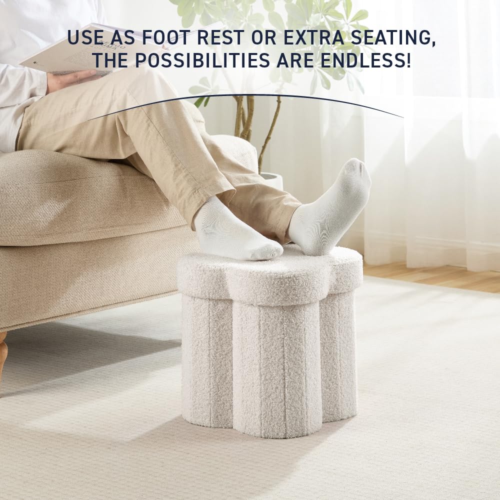 Ornavo Home White Boucle Storage Ottoman Cube – Flower-Shaped Footstool with Hidden Storage, Faux Teddy Fur Foot Rest for Living Room, Bedroom & Dorm, 12" Inch