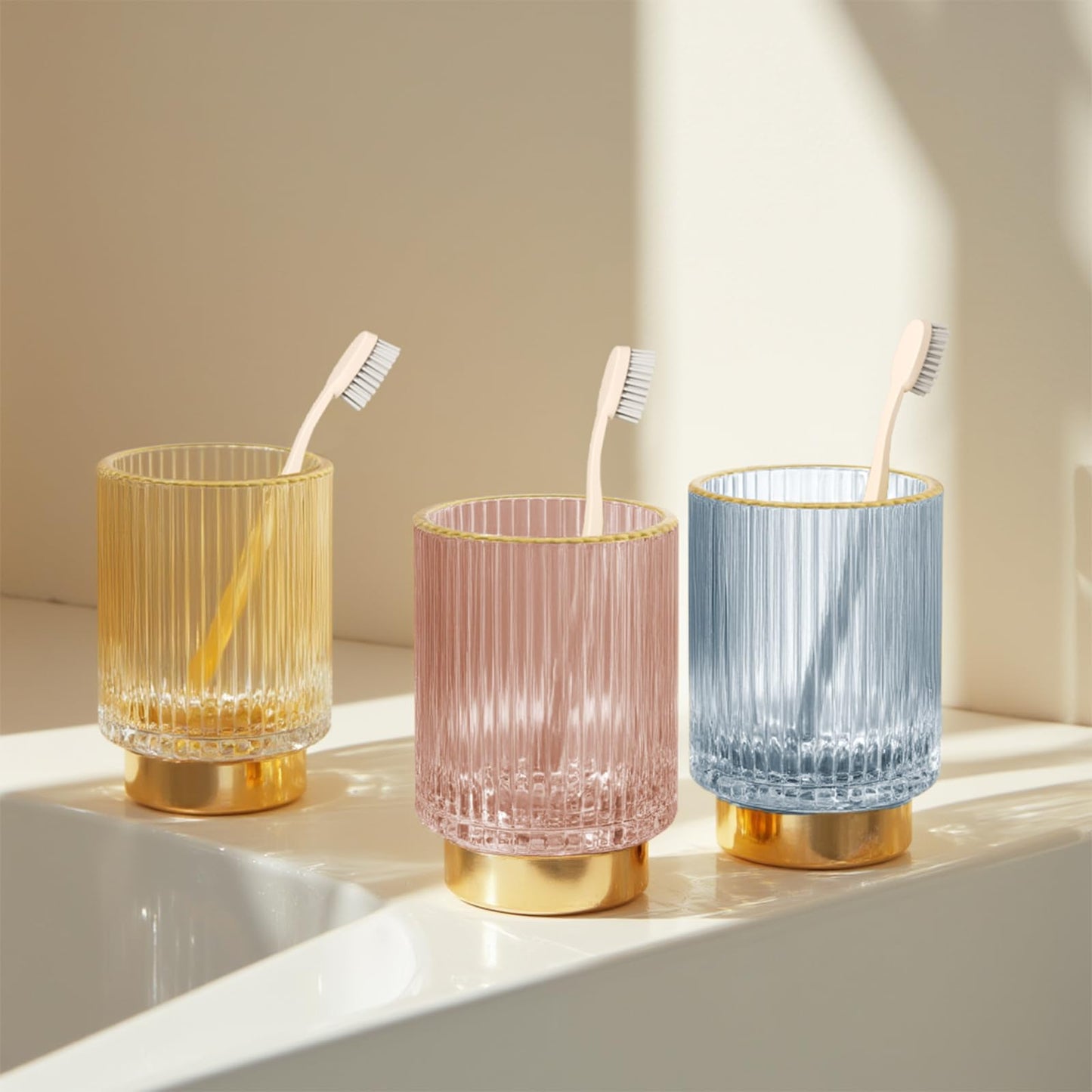 FullMeet Makeup Brush holder Organizer, Crystal Glass Toothbrush Holders, Striped Make Up Brush Holder for Vanity, Pen Holder for Desk, Vase -Gold (S+L)