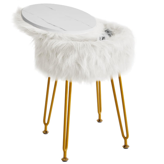 IBUYKE Round Faux Fur Vanity Stool with Storage, Furry Makeup Chair Ottoman, Soft Padded Seat, Round Footrest Footstools with 4 Metal Legs, for Living Room Bedroom Entryway, White WBD021W