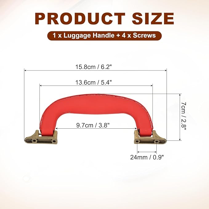 uxcell PU Leather Luggage Handle, 0.9" Hole Distance Vintage U-Shape Replacement Strap Handle for Travel Handbag Guitar Musical Box Gift Boxes, Red/Bronze