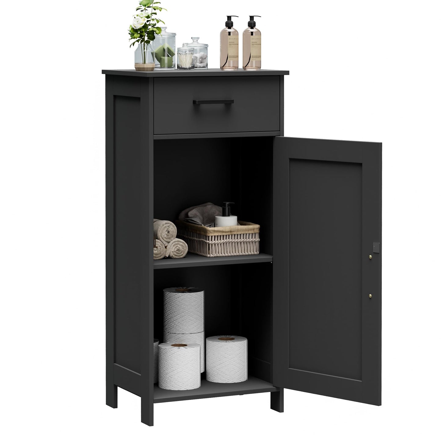 Homhedy Bathroom Storage Cabinet with Drawer, Bathroom Organizers and Storage, Adjustable Shelf, Floor Cabinet for Living Room, Entryway, Kitchen, Black, (15.7" W)