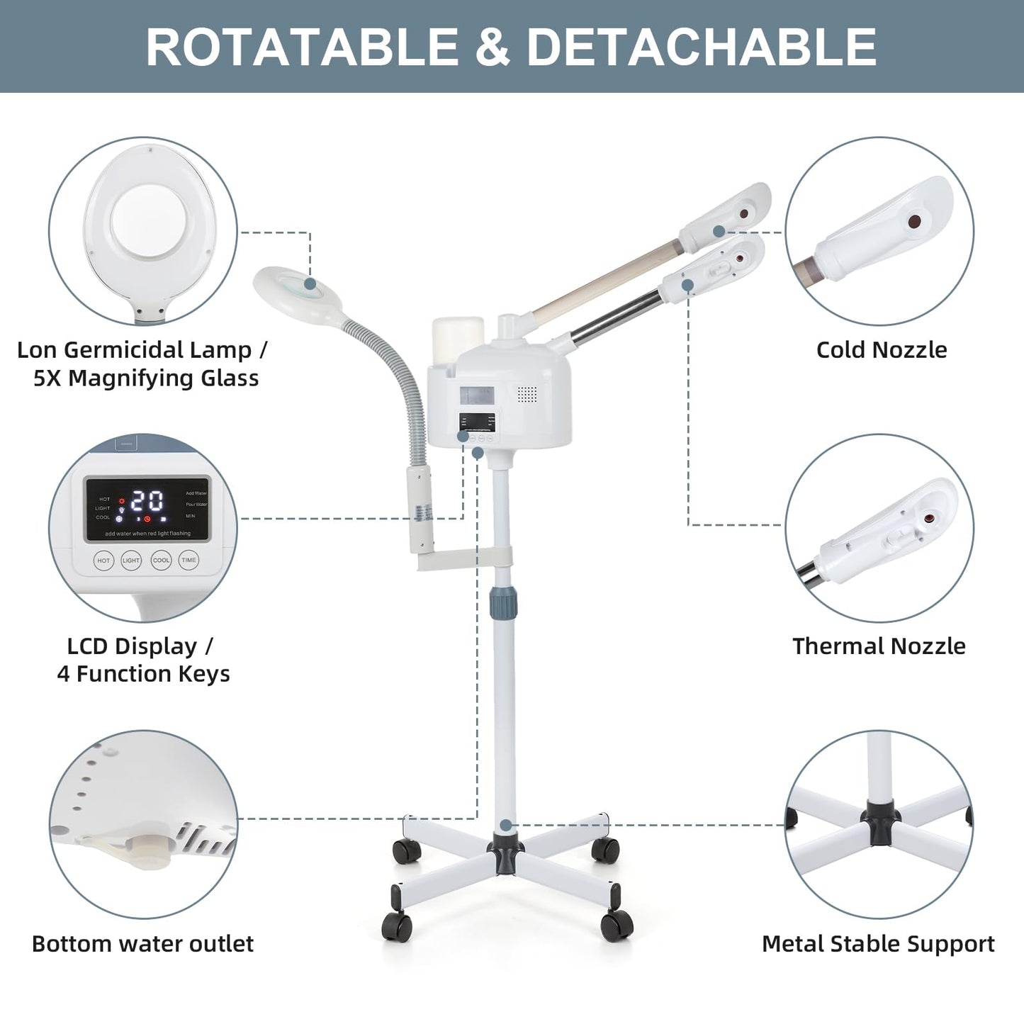 VARIPOWDER 3 in 1 Professional Facial Steamer for Face with Hot & Cold Nozzle 5X Magnifying Lamp Face Steamer for Esthetician vaporizador Facial Use at Home or Spa