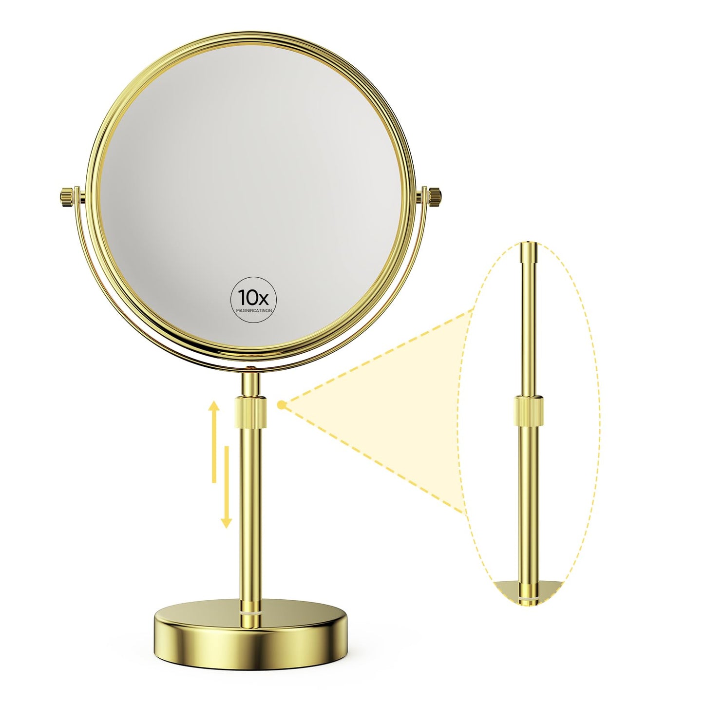 Nicesail Height Adjustable 15~19” Tall Table Mirror, 1X 10X Magnifying Mirror Double Sided for Makeup&Shaving, Desk Vanity Mirror Tabletop 360 Rotation of 8” Face, Bathroom Shiny Gold Makeup Mirror