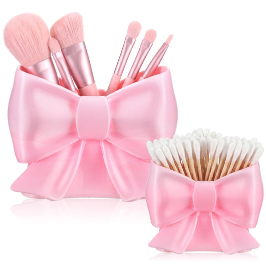 Hushee 2 Pcs Coquette Pink Bow Makeup Holder Cute Bow Toothbrush Holder Preppy desk accessories Set for School Office Desk Bedroom Gift for Girls
