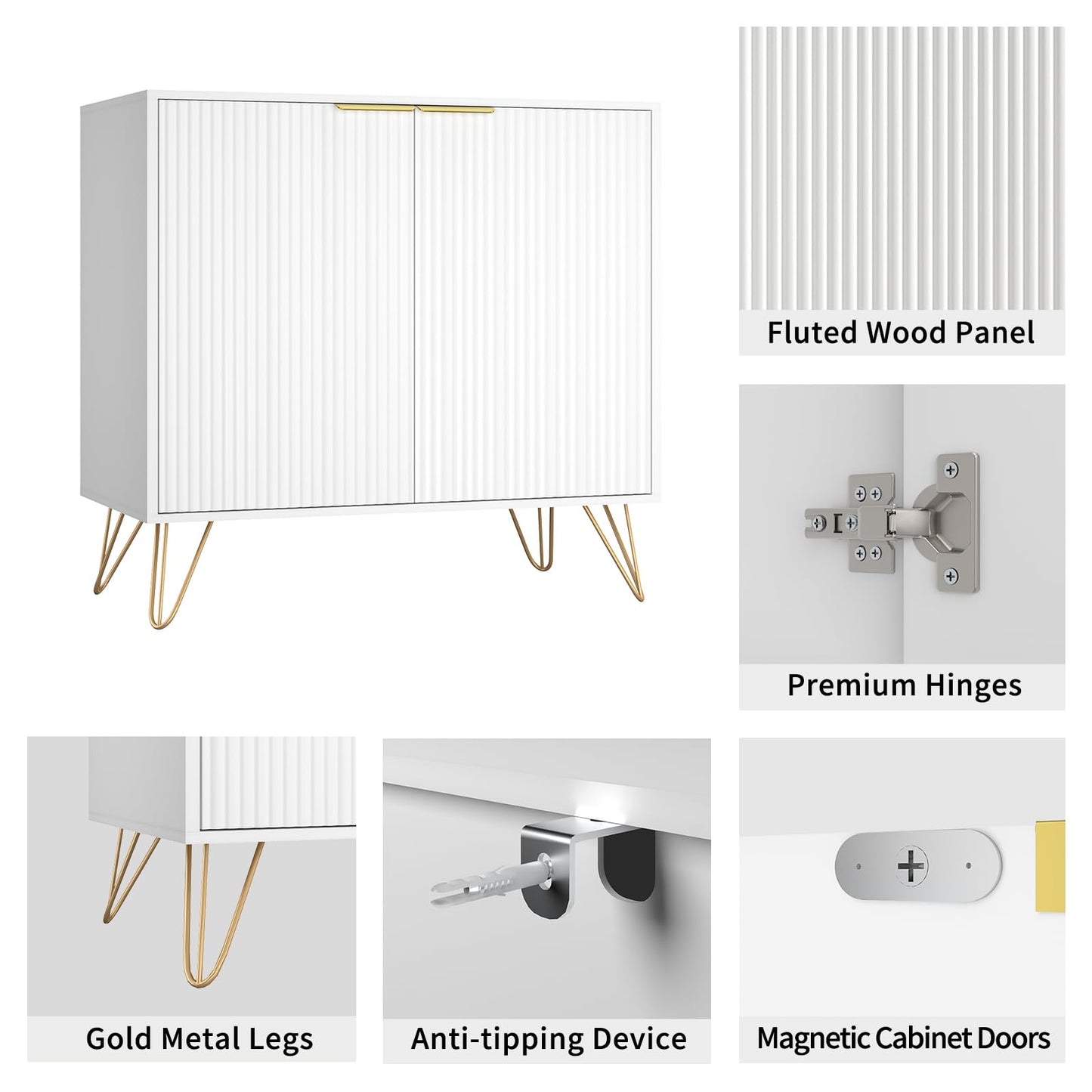 NOVAMAISON White Buffet Cabinet with Storage - Fluted White and Gold Cabinets with 2 Doors and Adjustable Shelf, Modern Accent Cabinet Console Coffee Bar Table for Kitchen, Entryway, Office