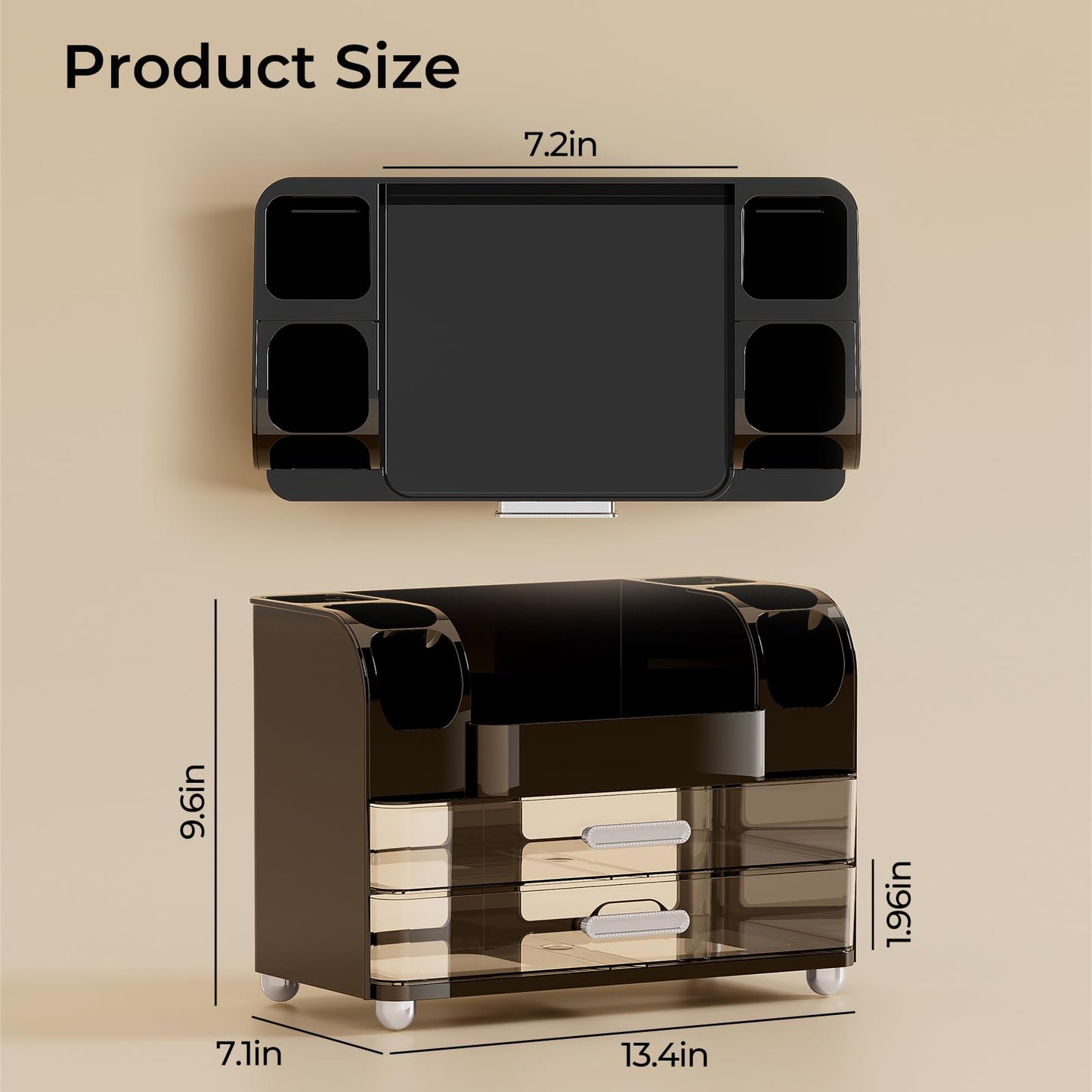 UFORU Makeup Organizer for Vanity with 2 Large Drawers, Cosmetic Display Case with Brush Holders, Easy to Storage for Bathroom Countertop Skincare, Perfume, Black