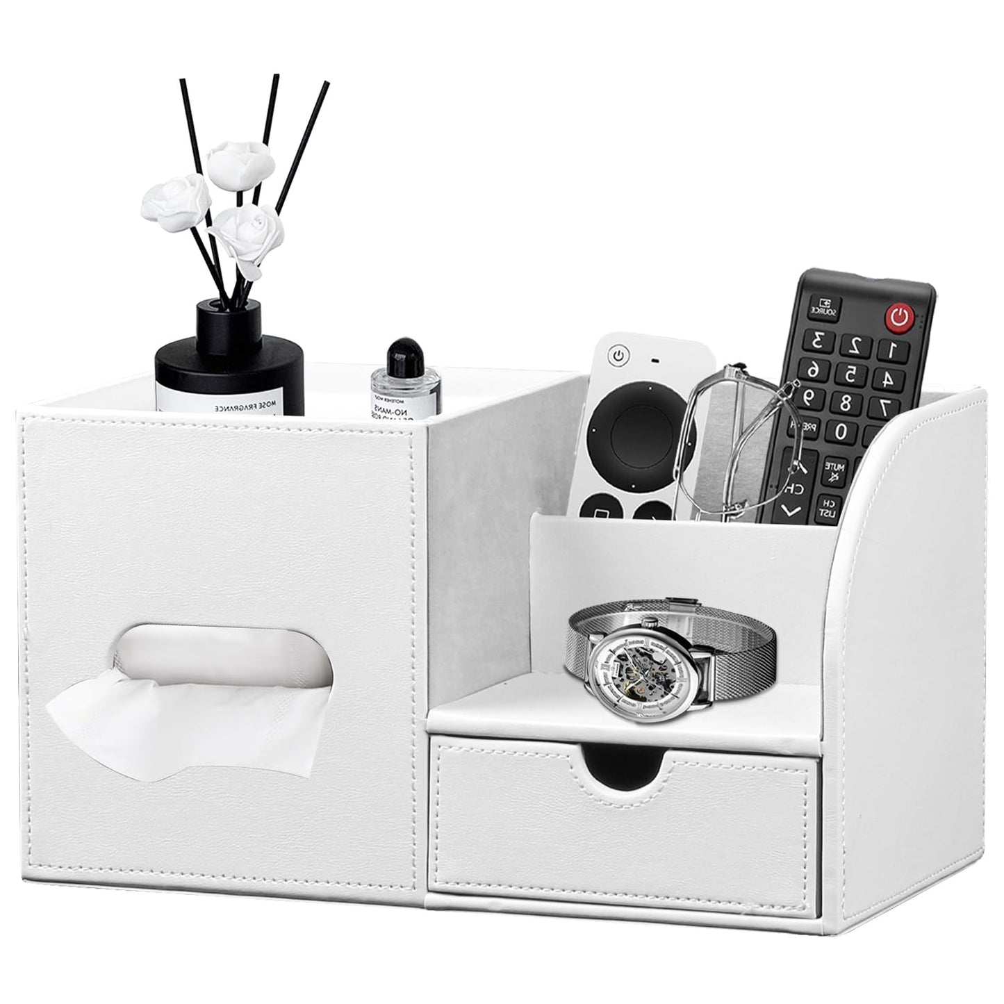 Leather Nightstand Organizer with Tissue Holder,White Square Tissue Box Cover with Organizer, Decorative Modern Facial Paper Storage Box for Bathroom Living Room Vanity Table Countertop Office