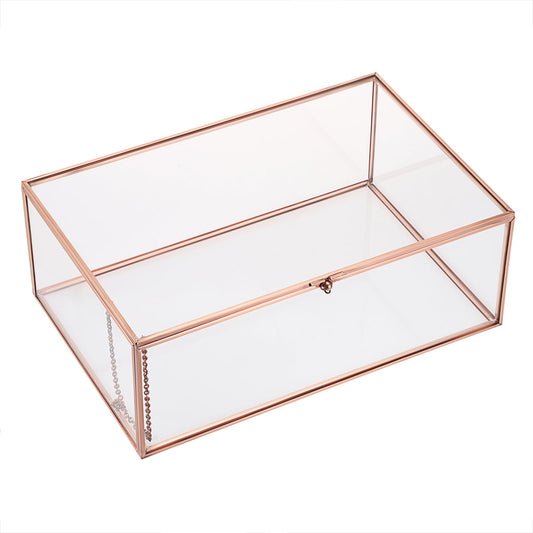 Hipiwe Vintage Glass Box with Lid - Rectangle Jewelry Display Box Vanity Lidded Box Glass Trinket Organizer Rose Golden Decorative Boxes for Keepsakes Perfume,X-Large