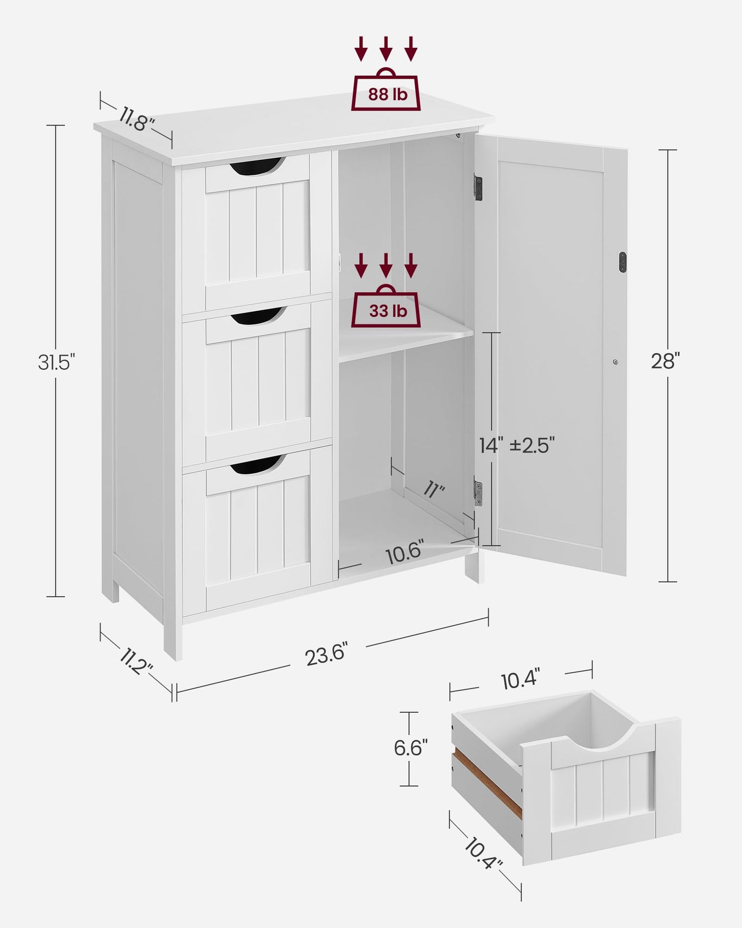 VASAGLE Floor Storage Cabinet, Freestanding Storage Unit with 3 Drawers, 1 Adjustable Shelf, for Bathroom Living Room Dining Kitchen, 11.8 x 23.6 x 31.5 Inches, Cloud White UBBC049WH01S