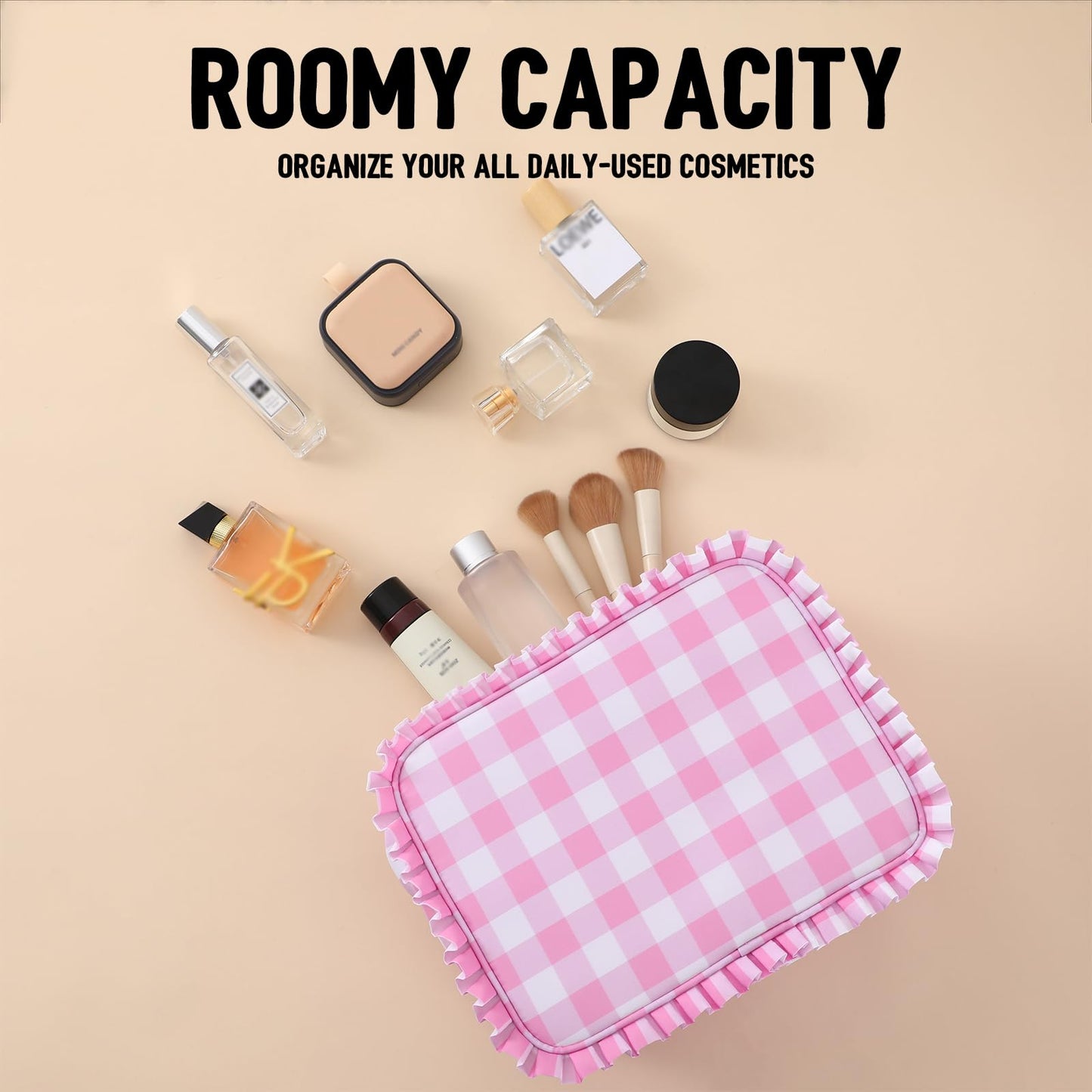 EMBRUNIOICE Gingham Ruffle Makeup Bag,Large Travel Cute Cosmetic Bag for Women Girls,Toiletry Bag Make up Organizer 10.8 x 4.5 x 8 inch (Pink Gingham)